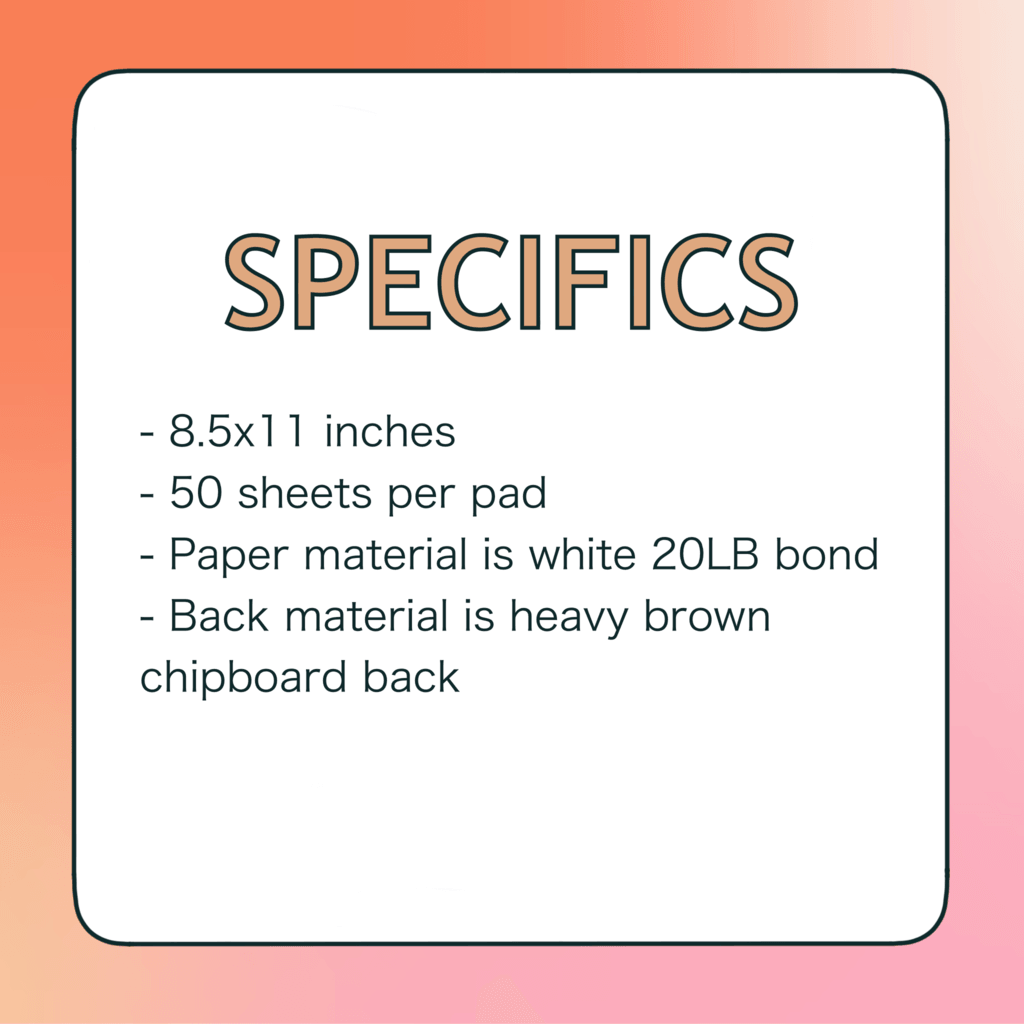 Weekly Planner Notepad Specifics